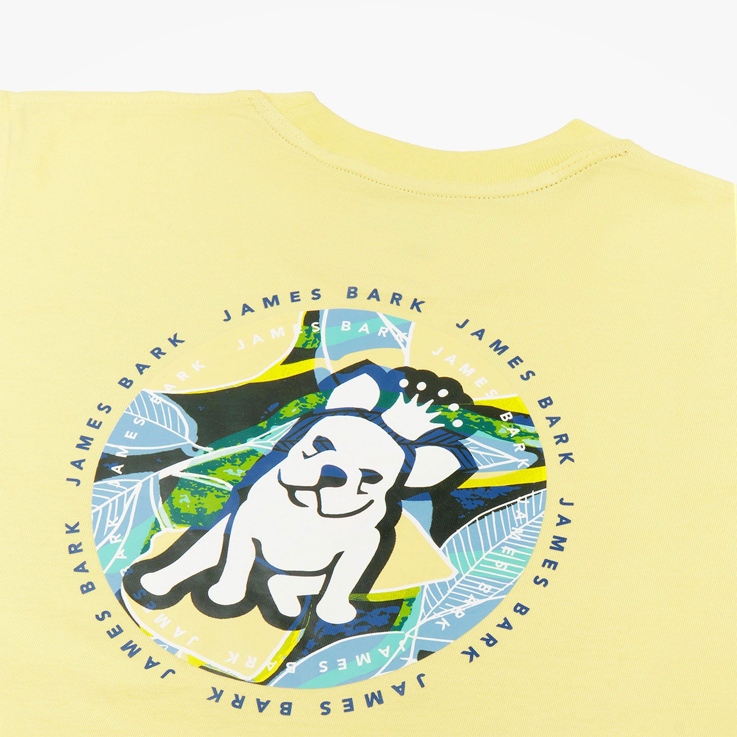 Full view of a boy wearing the yellow T-shirt with the small dog graphic on the chest and the colorful dog graphic on the back, standing with his hands by his sides.