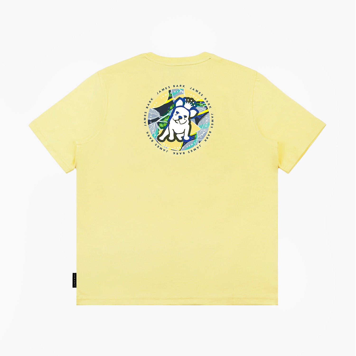 Flat lay of the yellow T-shirt, showing the colorful circular dog graphic on the back