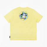 Flat lay of the yellow T-shirt, showing the colorful circular dog graphic on the back