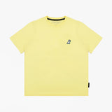 Close-up of the neckline and small dog graphic on the chest of the yellow T-shirt.