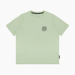 Flat lay of the light green T-shirt with text graphic on the chest.