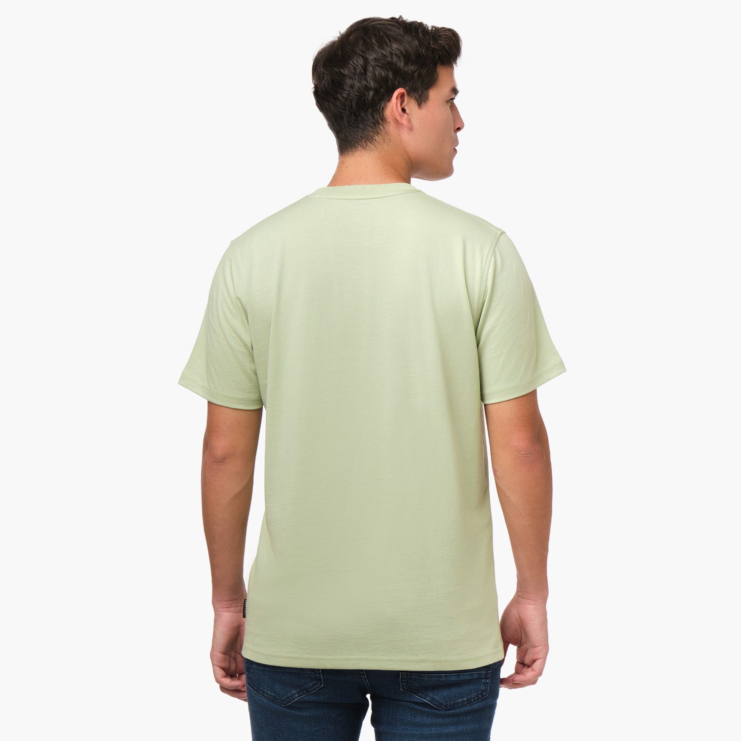 Back view of a man wearing a light green t-shirt, showing the plain back