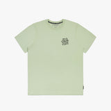 Light green t-shirt laid flat with a small black graphic on the left chest.