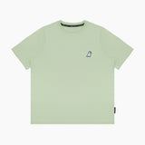 Close-up of the neckline and small dog graphic on the chest of the light green T-shirt.
