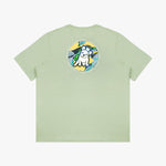 Flat lay of the light green T-shirt, showing the colorful circular dog graphic on the back.