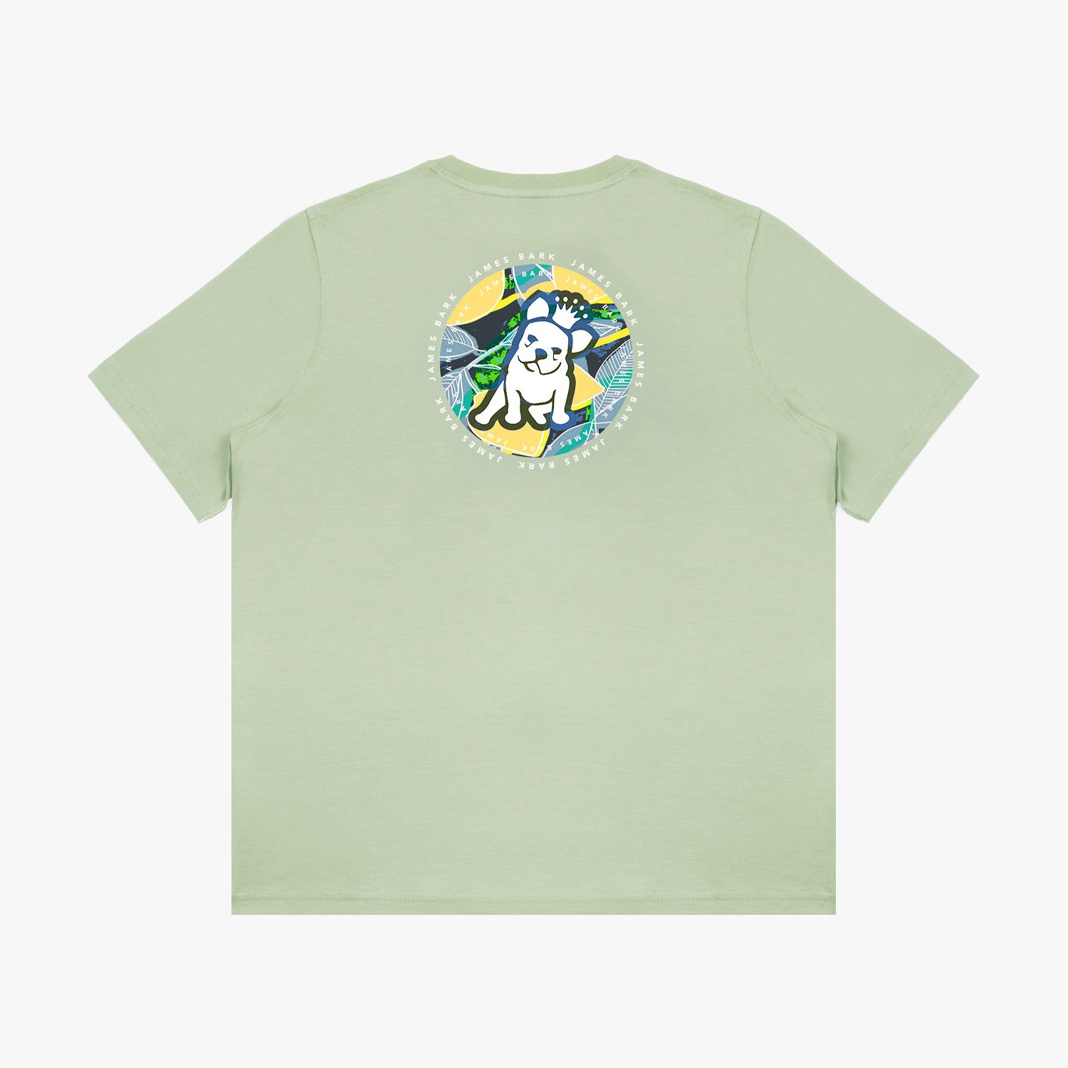 Flat lay of the light green T-shirt, showing the colorful circular dog graphic on the back.