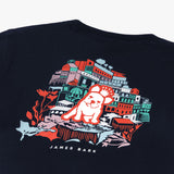 Rear view of the T-shirt laid flat, showing the detailed graphic on the back in vibrant colors.