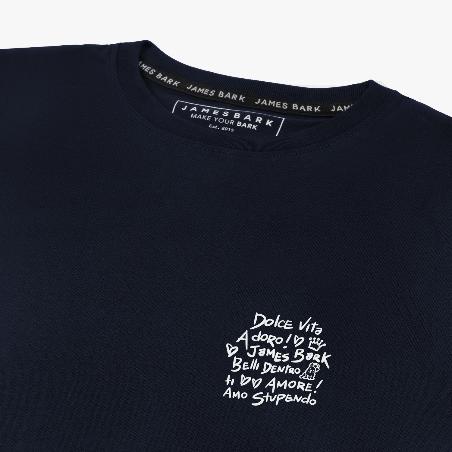 Flat lay of the back of the navy blue T-shirt.