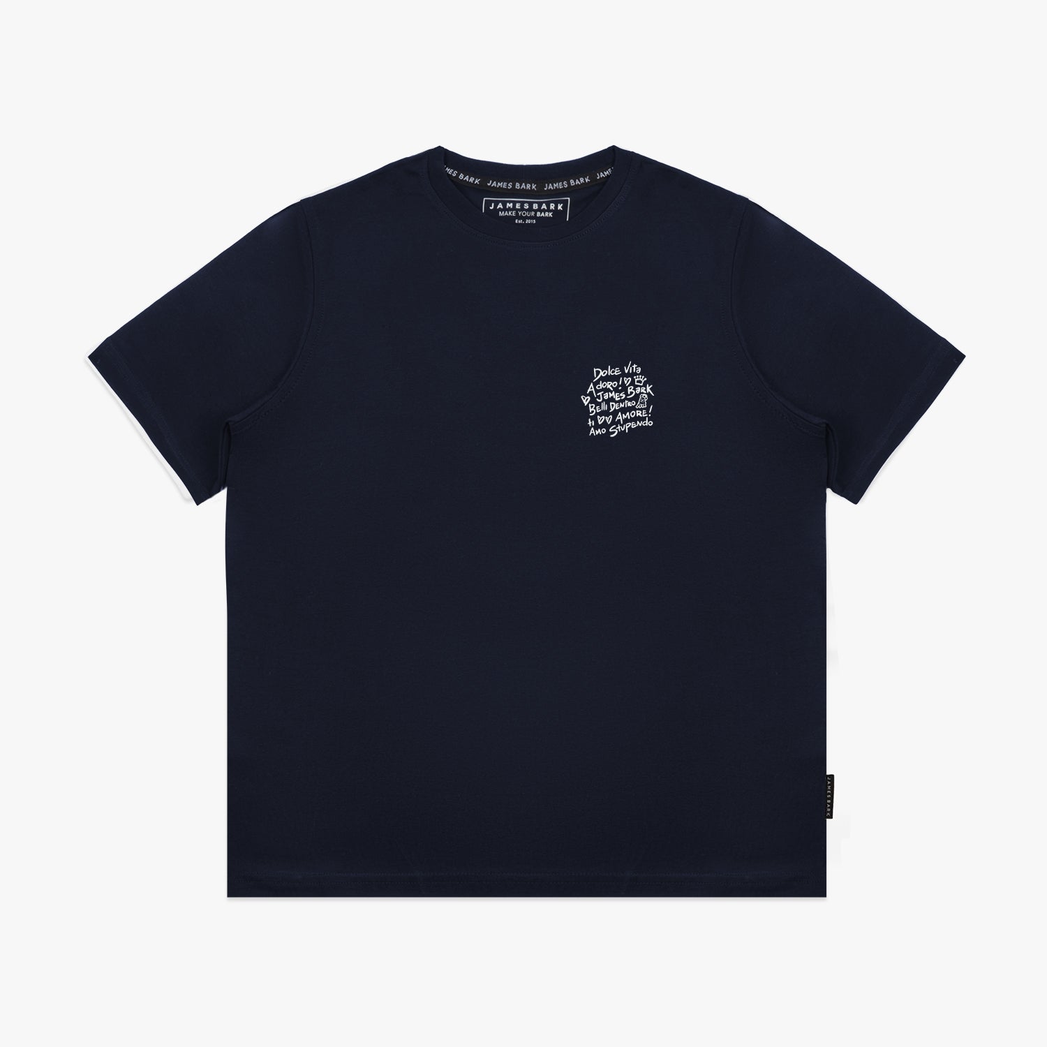 Flat lay of the navy blue T-shirt with text graphic on the chest.