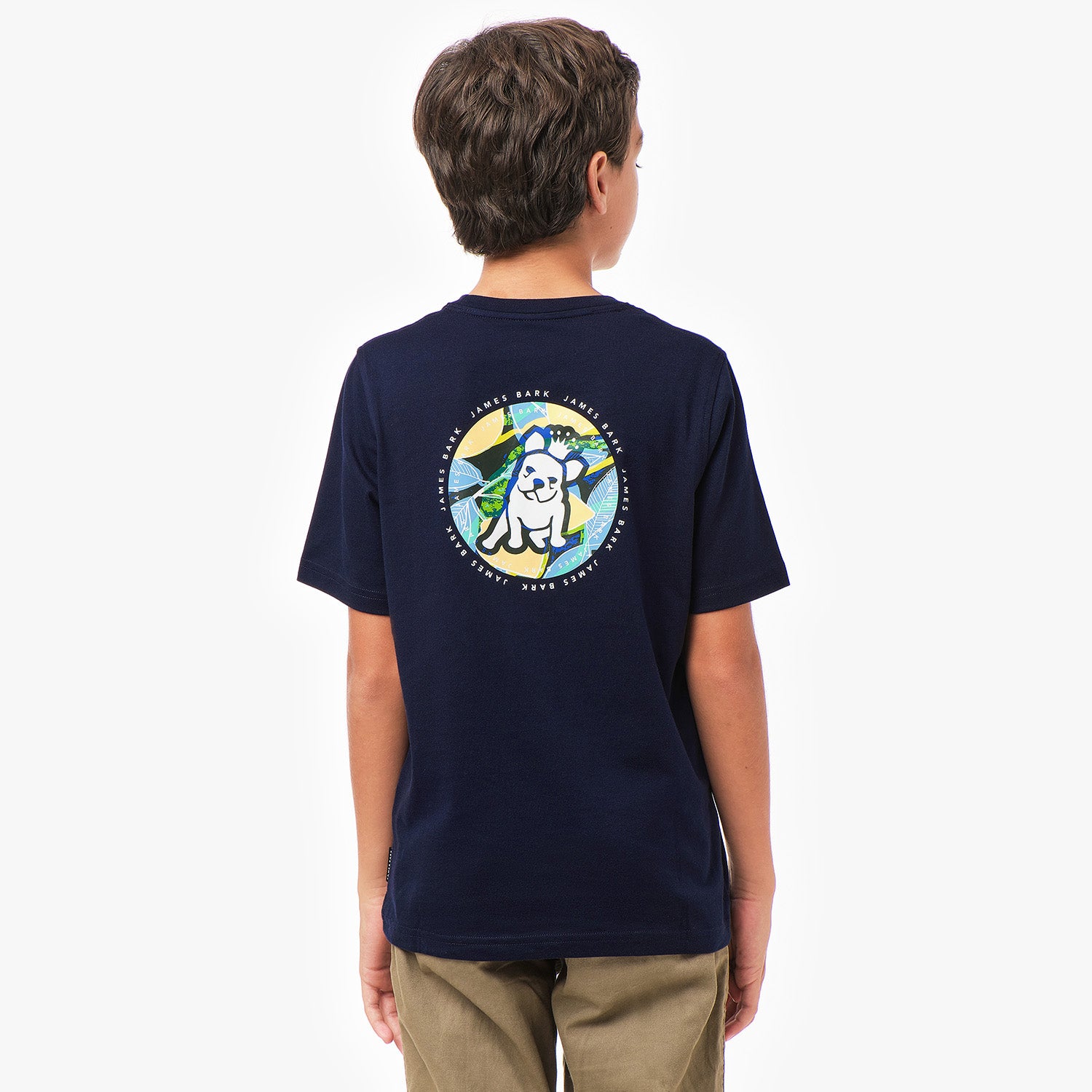 Back view of a navy blue T-shirt featuring a colorful graphic of a dog with sunglasses in a circular design on the back.