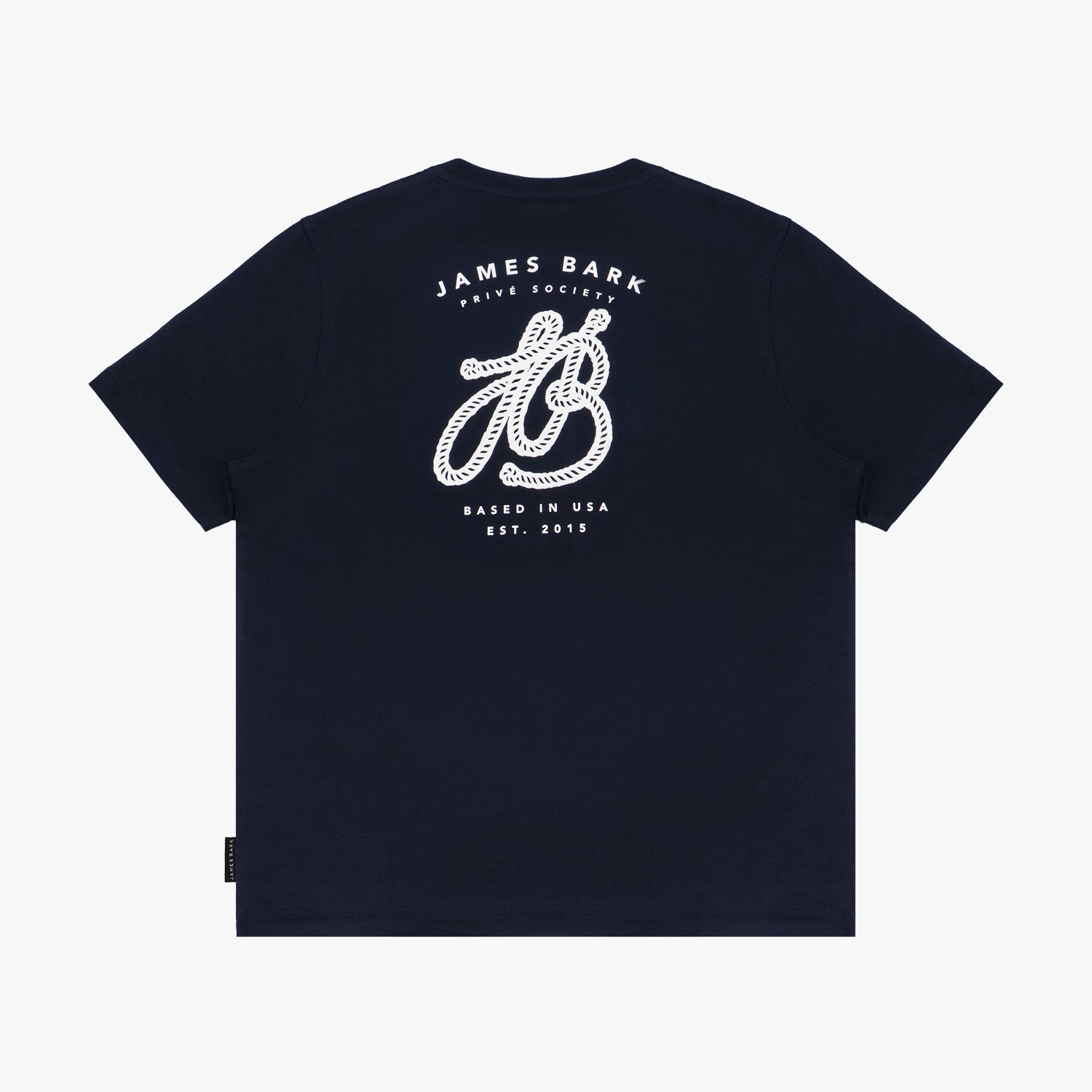 Flat lay of the navy blue T-shirt, showing the large decorative 'JB' logo and 'James Bark' text on the back