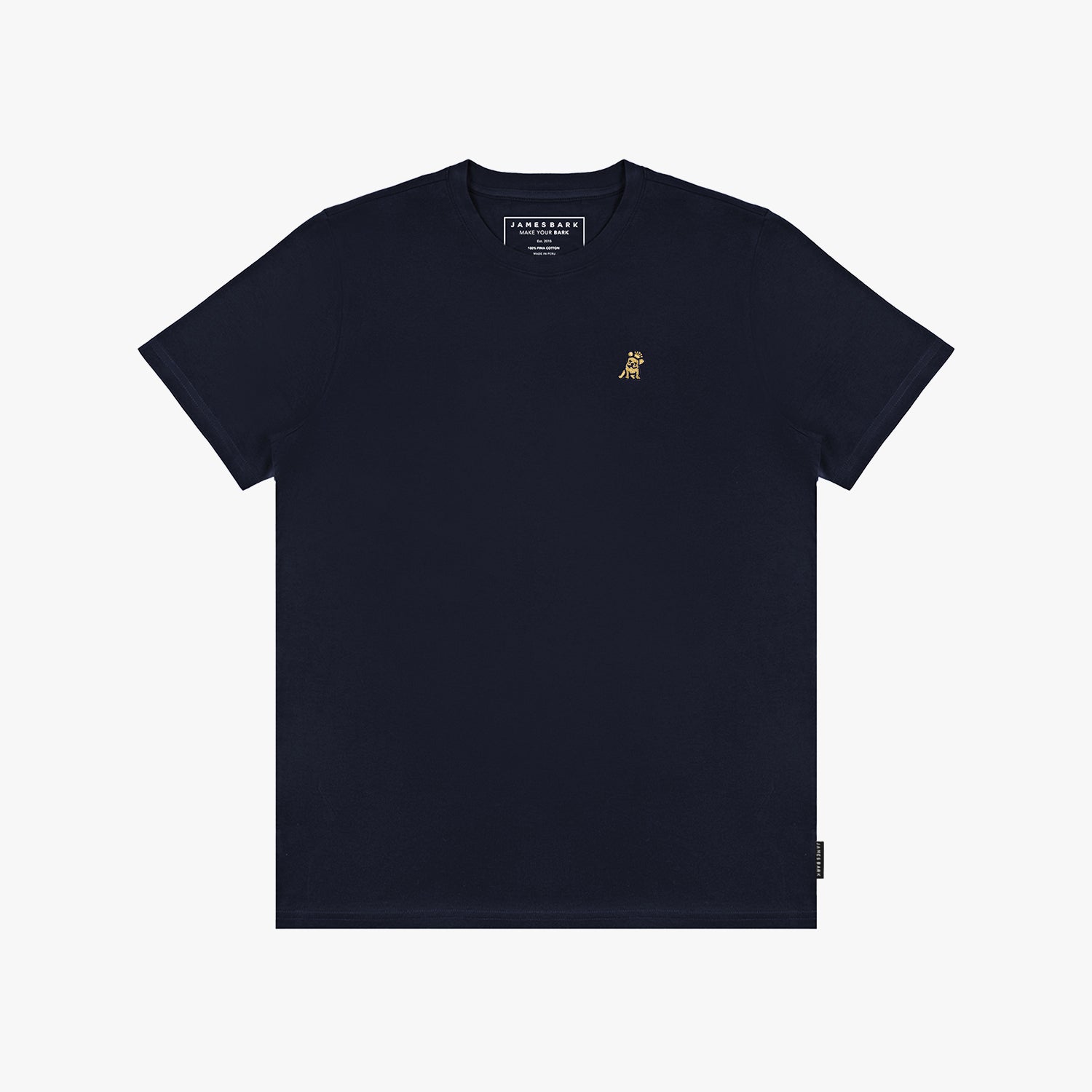 Flat-lay of the navy blue t-shirt: The shirt is laid flat, showcasing the front design with the small gold embroidered logo on the chest.