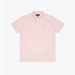 Pink polo shirt laid flat, showing collar, buttons, brand tag, and light pink embroidered dog logo