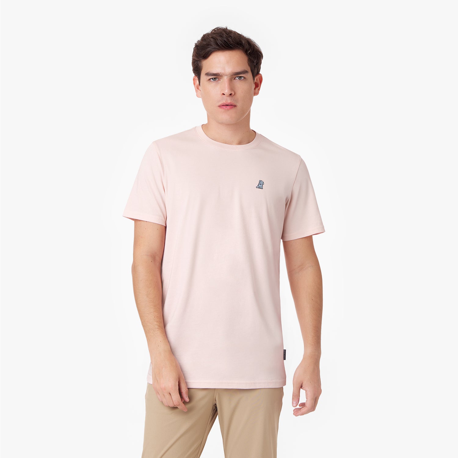 Front view of a male model wearing a pink James Bark crew neck t-shirt paired with beige pants