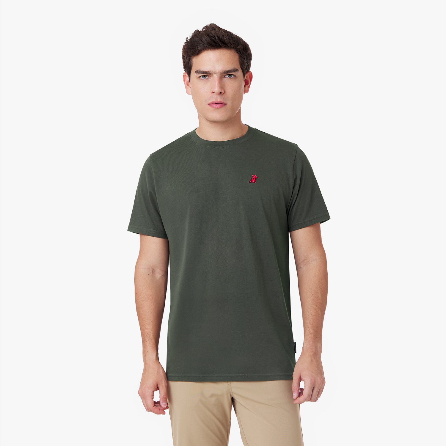 Male model wearing an olive green short-sleeved t-shirt with a red embroidered dog logo and tan pants, standing front view