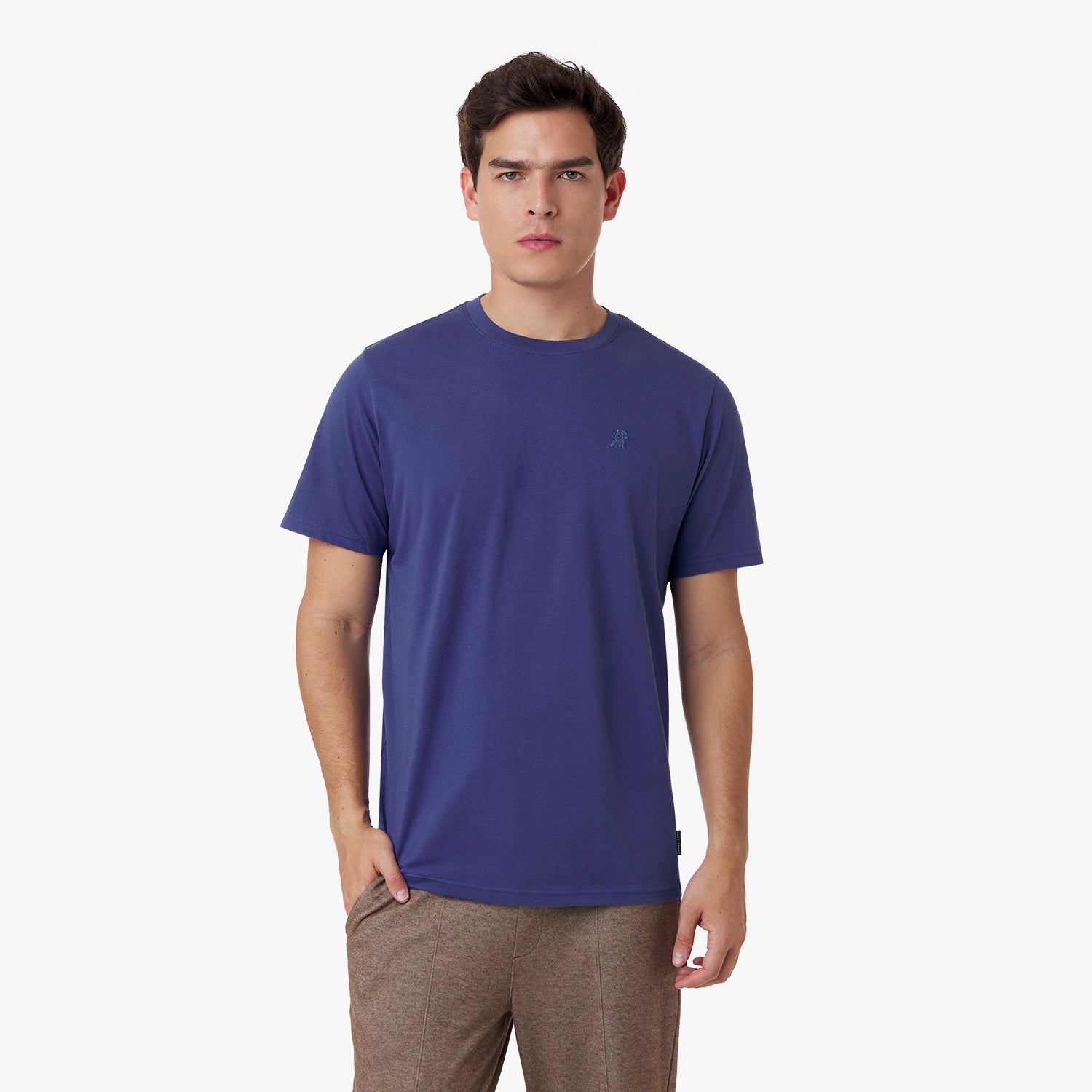 Male model wearing a blue short-sleeved t-shirt with a blue embroidered dog logo and brown sweatpants, standing front view with one hand in pocket
