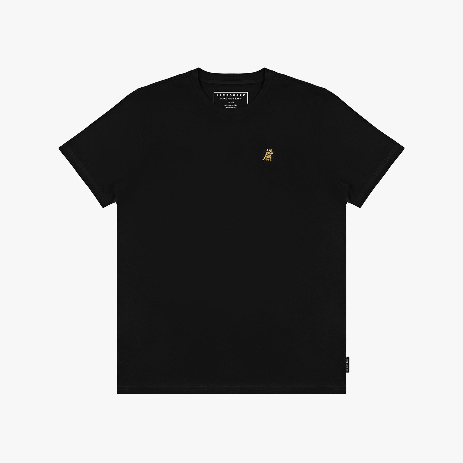 Flat-lay of the black t-shirt: The shirt is laid flat, showcasing the front design with the small gold embroidered logo on the chest.