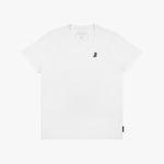 A white short-sleeve T-shirt with a small black graphic logo on the left chest, displayed flat