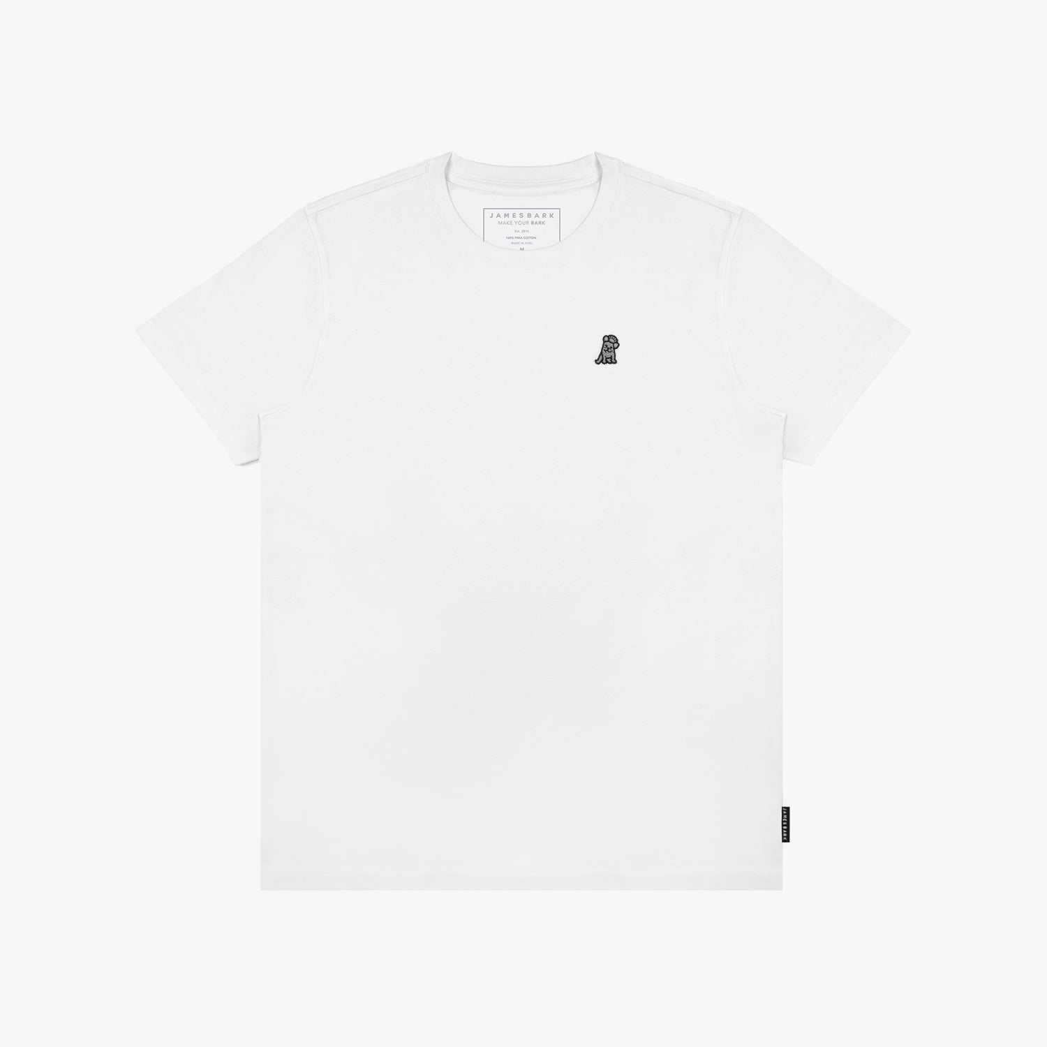 A white short-sleeve T-shirt with a small black graphic logo on the left chest, displayed flat