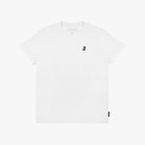 A white short-sleeve T-shirt with a small black graphic logo on the left chest, displayed flat