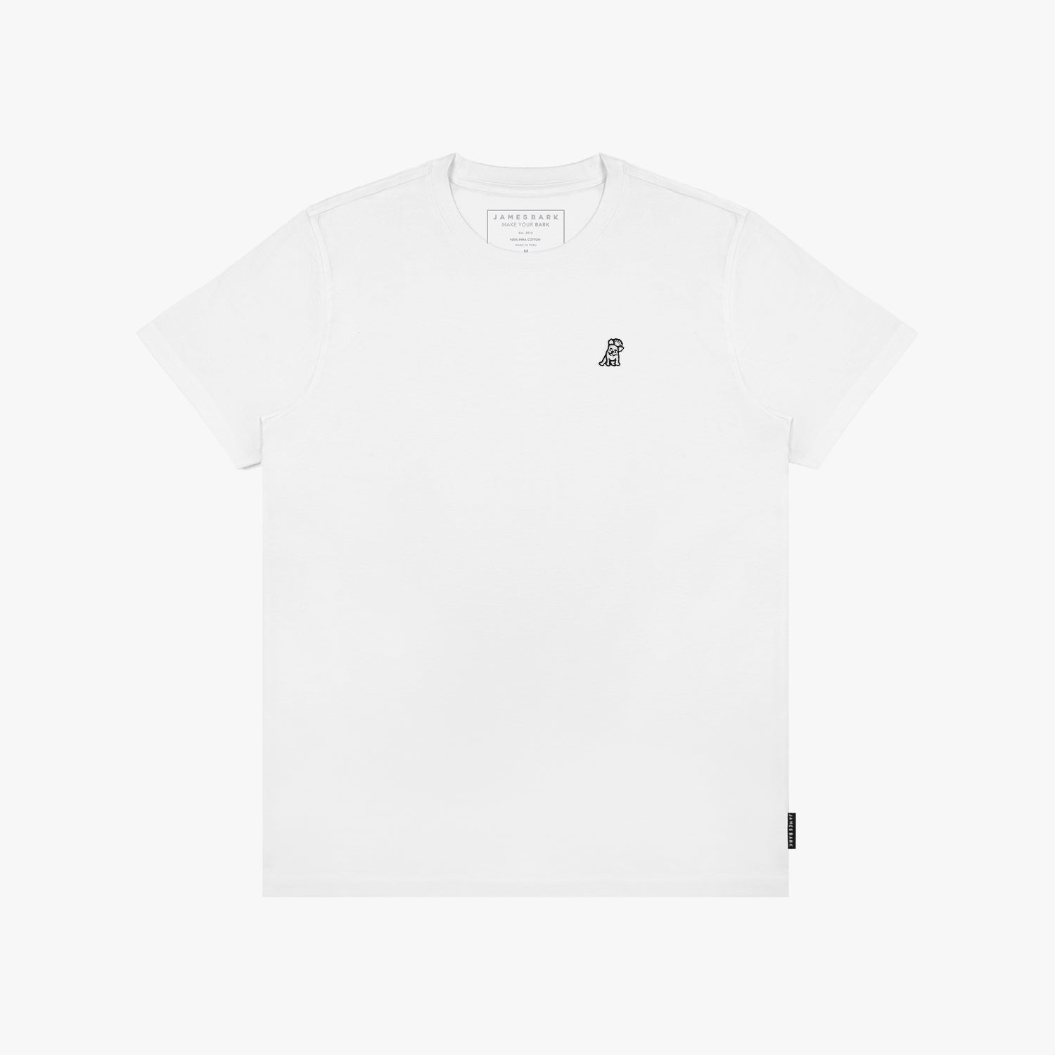 Flat-lay of the white t-shirt: The shirt is laid flat, showcasing the front design with the small black embroidered logo on the chest.