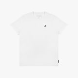 Flat-lay of the white t-shirt: The shirt is laid flat, showcasing the front design with the small black embroidered logo on the chest.