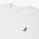 Close-up of the inner label and embroidered logo on the white t-shirt: A detailed shot showing the inner neck label with branding and care information, as well as the small gold embroidered dog logo on the left chest.