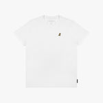 Flat-lay of the white t-shirt: The shirt is laid flat, showcasing the front design with the small gold embroidered logo on the chest.