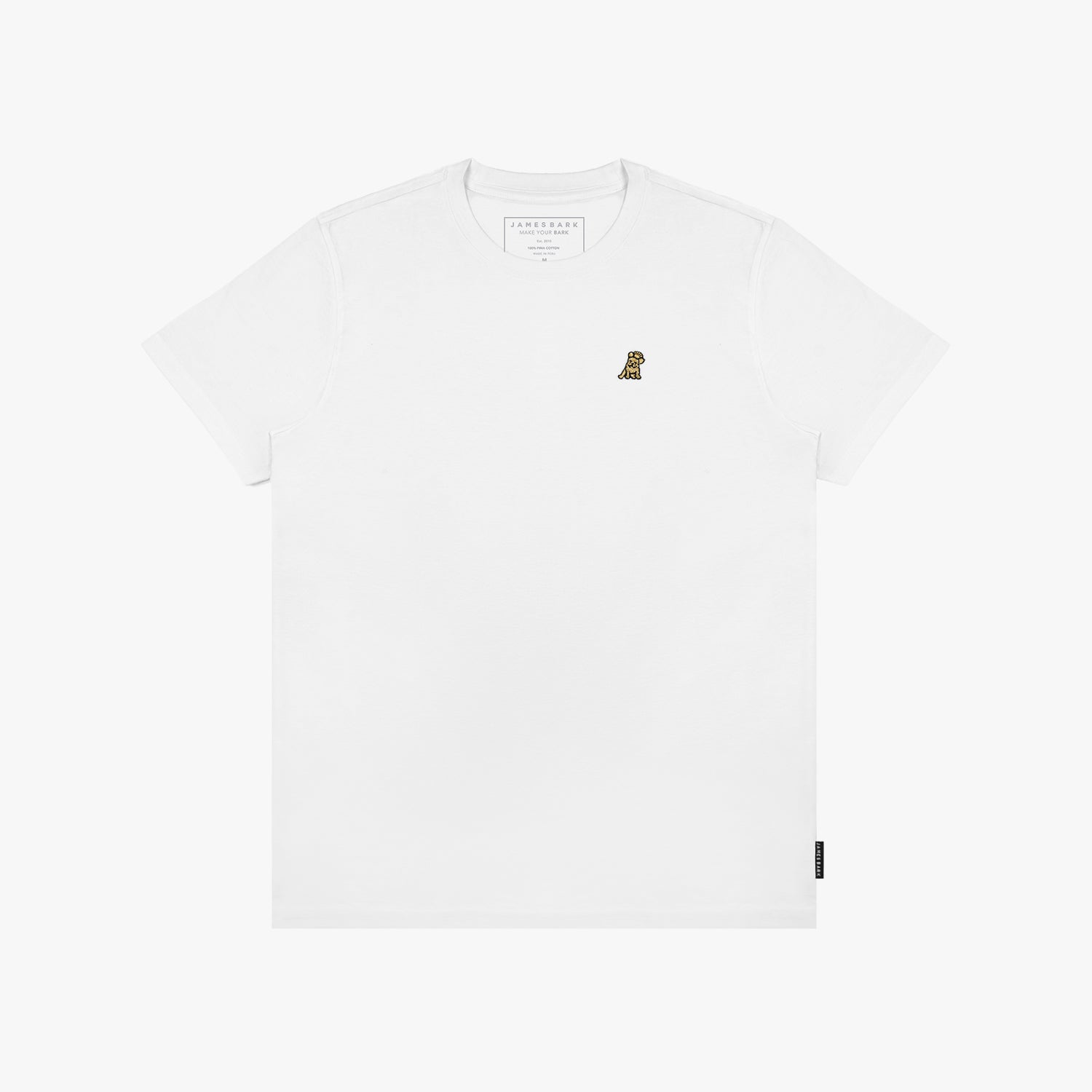 Flat-lay of the white t-shirt: The shirt is laid flat, showcasing the front design with the small gold embroidered logo on the chest.