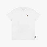 Flat-lay of the white t-shirt: The shirt is laid flat, showcasing the front design with the small gold embroidered logo on the chest.