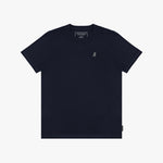 A dark navy blue short-sleeve T-shirt with a small embroidered logo on the left chest, displayed flat