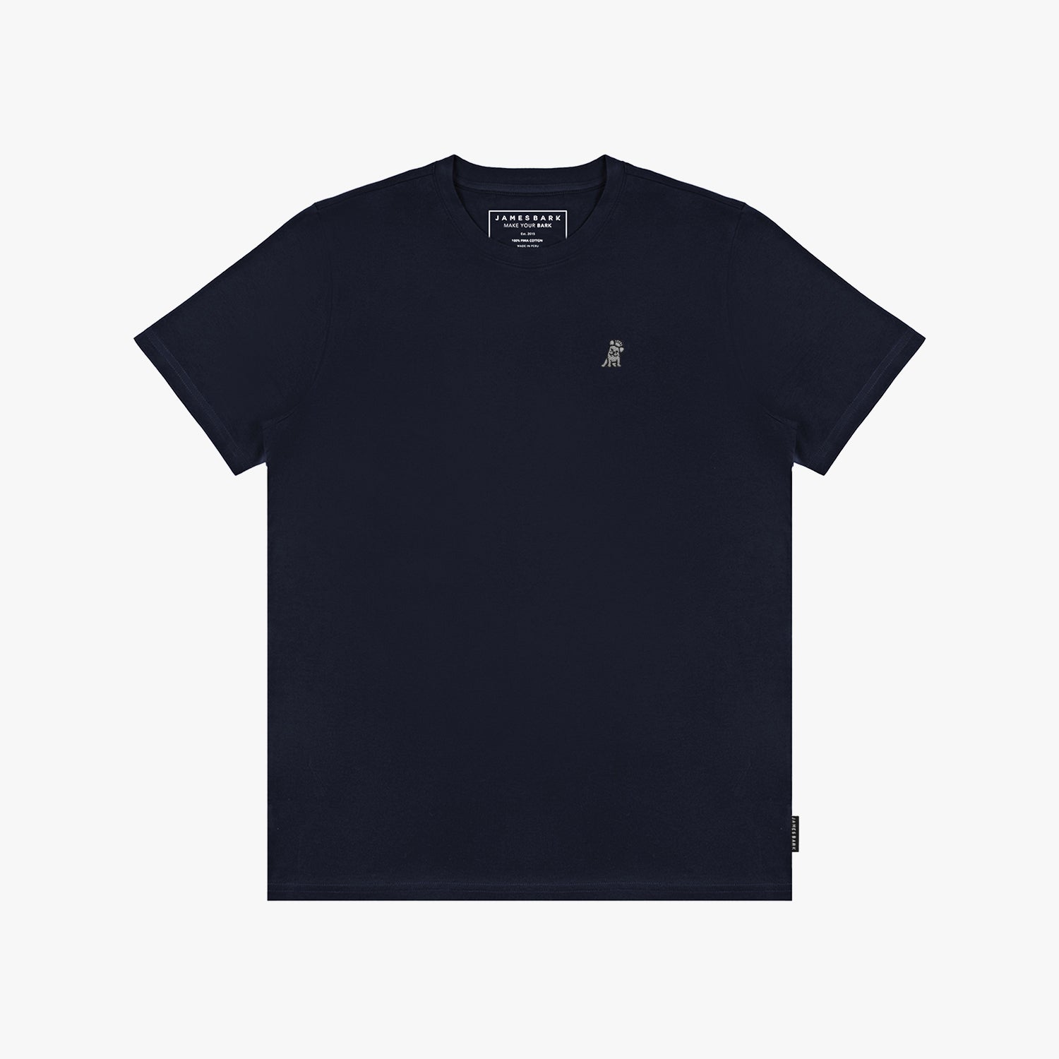 A dark navy blue short-sleeve T-shirt with a small embroidered logo on the left chest, displayed flat