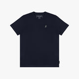 A dark navy blue short-sleeve T-shirt with a small embroidered logo on the left chest, displayed flat