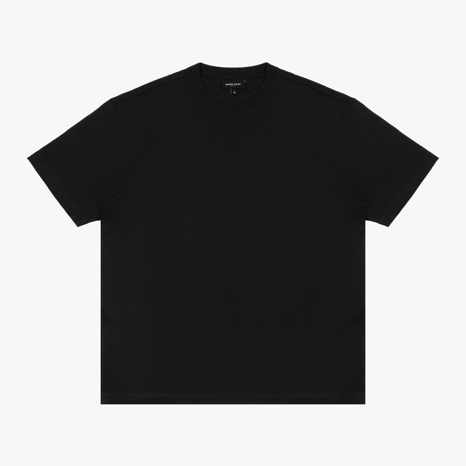 The black t-shirt laid flat, showing the front view.