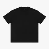 The black t-shirt laid flat, showing the front view.