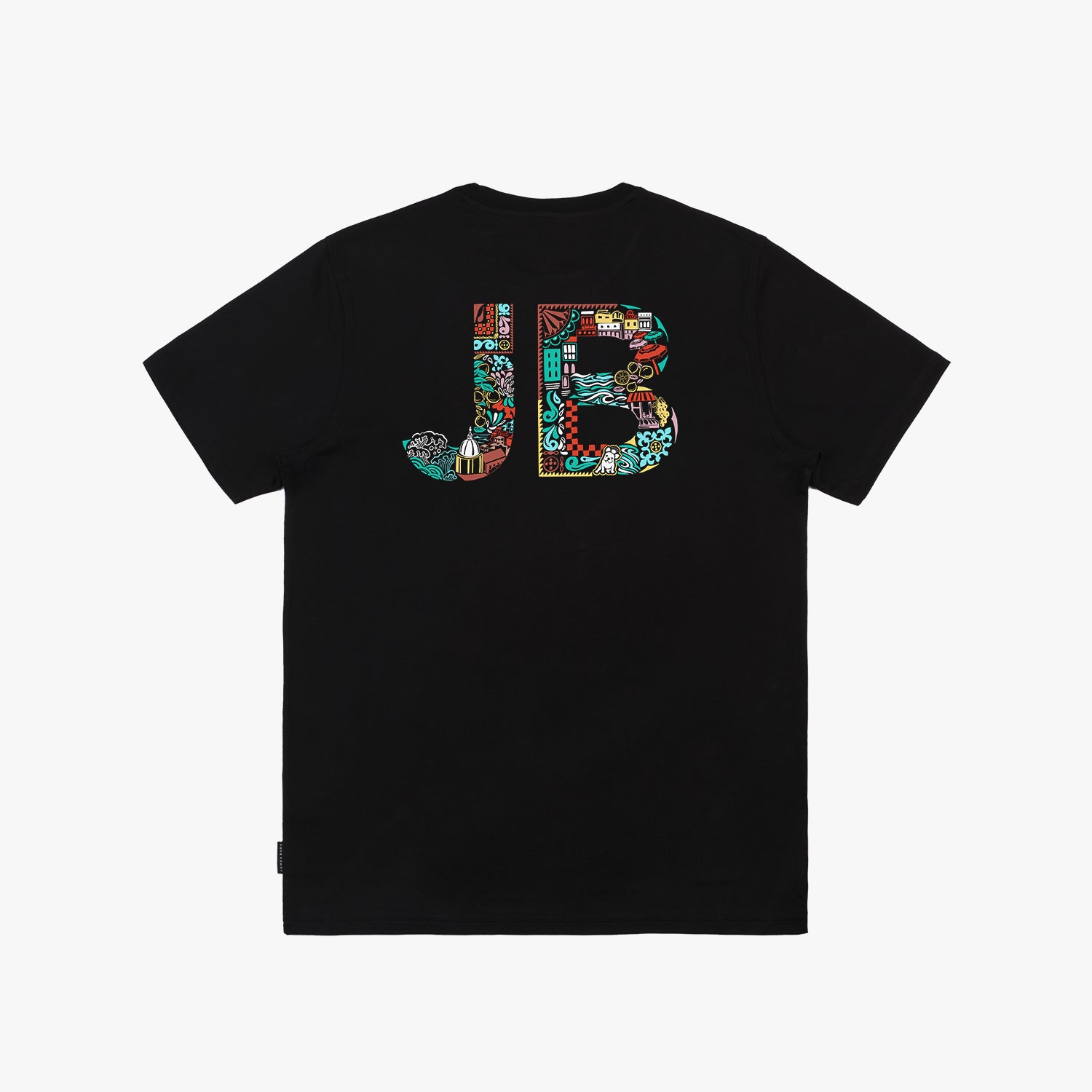 Black t-shirt featuring a large, colorful 'JB' design on the back. The letters 'J' and 'B' are filled with intricate patterns, illustrations, and colors, giving a vibrant look to the otherwise plain black t-shirt.