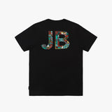 Black t-shirt featuring a large, colorful 'JB' design on the back. The letters 'J' and 'B' are filled with intricate patterns, illustrations, and colors, giving a vibrant look to the otherwise plain black t-shirt.