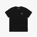 Flat-lay view of a black t-shirt featuring a small embroidered orange and white dog logo on the left chest. The t-shirt has a simple, minimalist design.