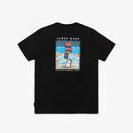 Black t-shirt with beach graphic on the back: Laid flat, showing a graphic with a dog sitting in front of stacked surfboards at the beach, with text "JAMES BARK" at the top.