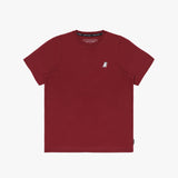 Flat lay of a maroon t-shirt featuring a small white embroidered dog logo on the left chest. The t-shirt has a simple and minimalist design, with the inner collar branded 'JAMES BARK - MAKE YOUR BARK.' The collar tag provides the sizing and material information. The fabric has a clean, classic look, with short sleeves and a comfortable fit.