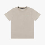 A beige short-sleeved T-shirt featuring a subtle tonal logo patch on the upper left chest area that reads 'JAMES BARK.' The neckline includes a black inner lining with repeated 'JAMES BARK' branding, and the inside label also displays the brand name