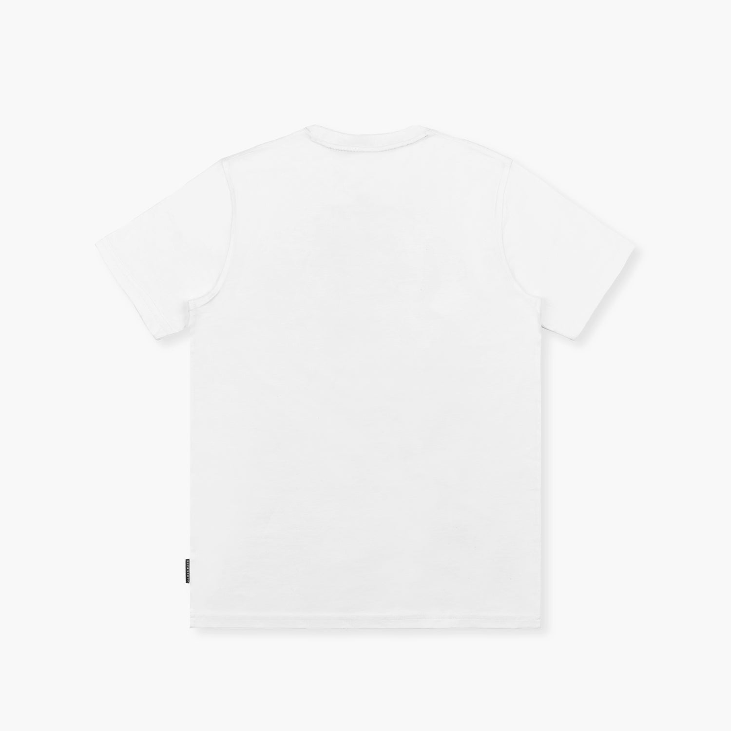 Back of the white t-shirt laid flat, showing no graphics.