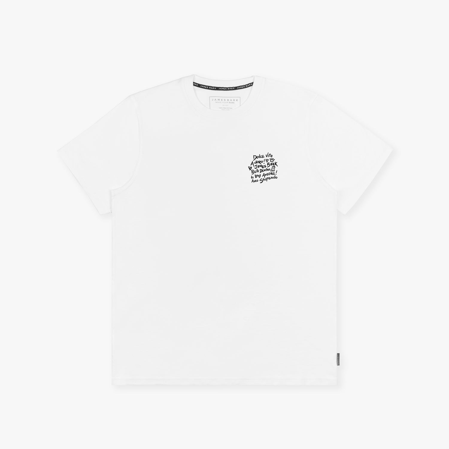 White t-shirt laid flat with a small black graphic on the left chest.