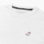  A white T-shirt laid flat, showing both the small logo on the chest and the large graphic design on the back.