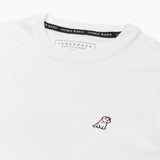  A white T-shirt laid flat, showing both the small logo on the chest and the large graphic design on the back.