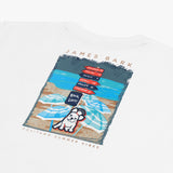 Close-up of a white t-shirt back print featuring a colorful beach scene with a French bulldog. The design shows beach umbrellas and a signpost with destinations like Salerno, Maiori, Amalfi, Napoli, Sorrento, and Positano. The bulldog holds a sign that says 'Bark Loud!' The top text reads 'James Bark,' and below the image, it says 'Positano Summer Vibes.