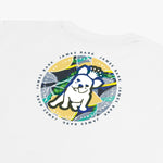 A close-up of the back design on the white T-shirt, showing the large circular graphic with the dog and tropical background, along with "James Bark Privé Society" text around the circle.