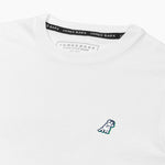 A flat lay of the white T-shirt, displaying the small embroidered dog logo on the chest.