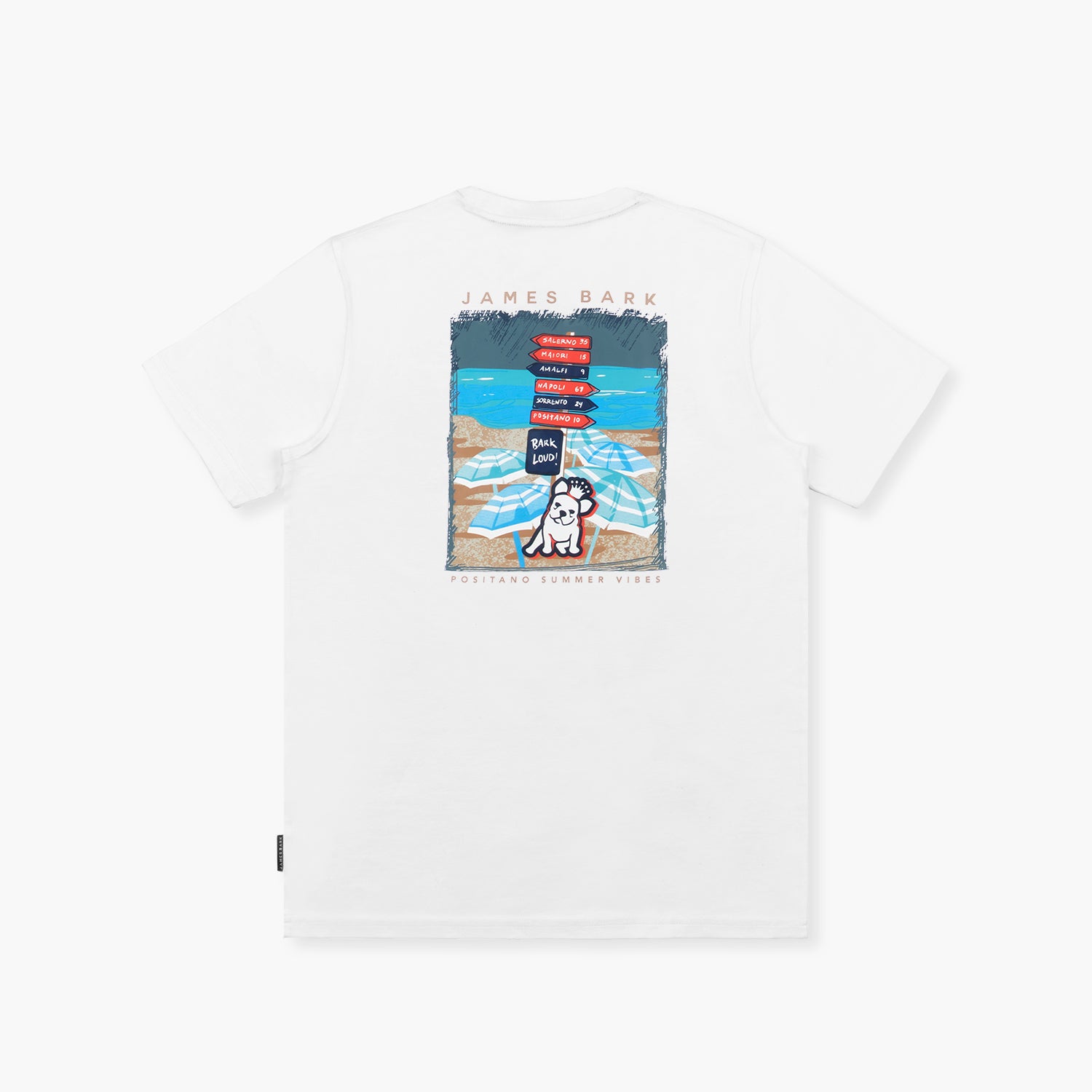 Back view of a white t-shirt with a graphic design featuring a beach scene. The image shows beach umbrellas and a French bulldog with a signpost pointing to various beach locations such as ‘Amalfi’ and ‘Positano.’ The text ‘JAMES BARK’ is printed at the top, and ‘Positano Summer Vibes’ is written at the bottom, adding to the summer-themed aesthetic.