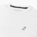 Close-up of a white t-shirt featuring the brand name 'James Bark' on the inner collar, with a small embroidered dog logo on the left chest. The collar is detailed with a black strip displaying the brand name in white, adding a premium touch to the minimalist design.